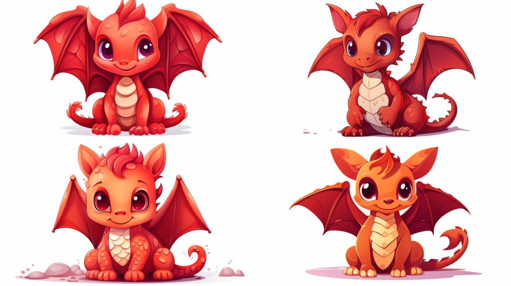 child fantasy Dragon with red skin, chibi style, vector, flat, white background